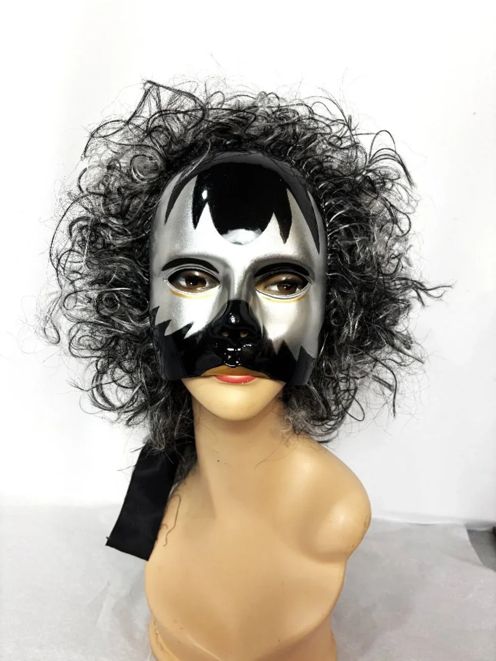 Rare VTG  90's Cesar Group Halloween Carnival Blk Silver Mask W/wig NWT NOS